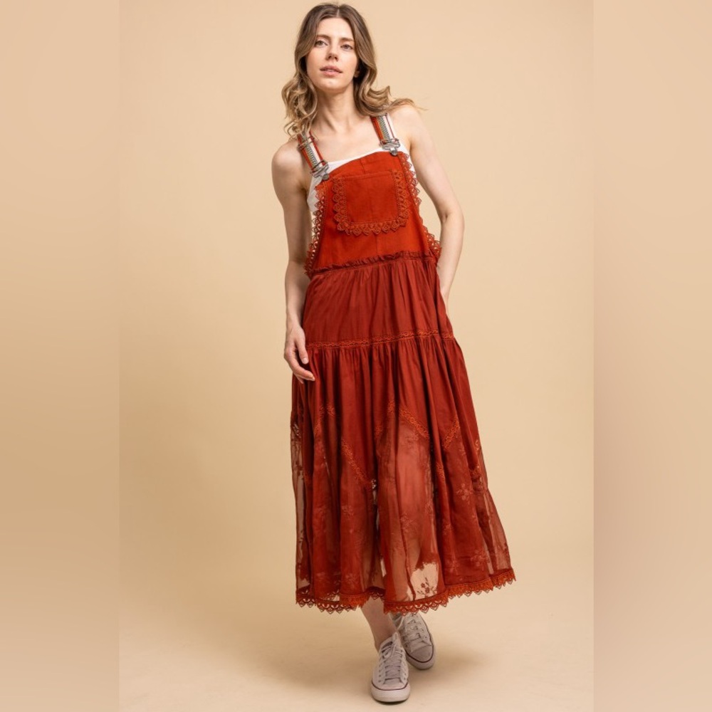 B11 Restocked! 3 Left Rust Midi Overall Dress